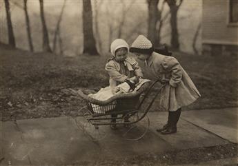 LEWIS W. HINE (1874-1940) Children playing with Campbell kid dolls * Mill boys pitching pennies on Main St. in the afternoon, Fall Rive